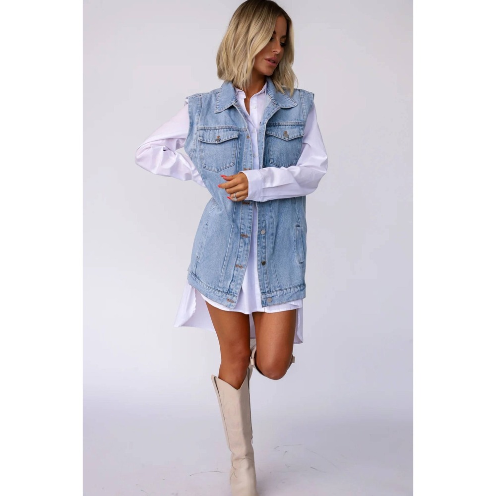 Foxy Kind Denim Button Front Collared Oversized Vest Blue Wash Women's Size XS/S
